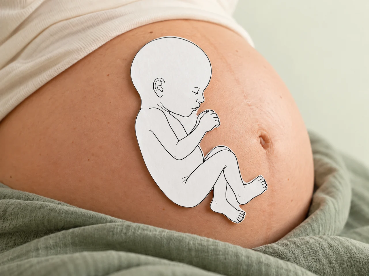 A white paper cut-out of a baby's outline resting on a pregnant belly